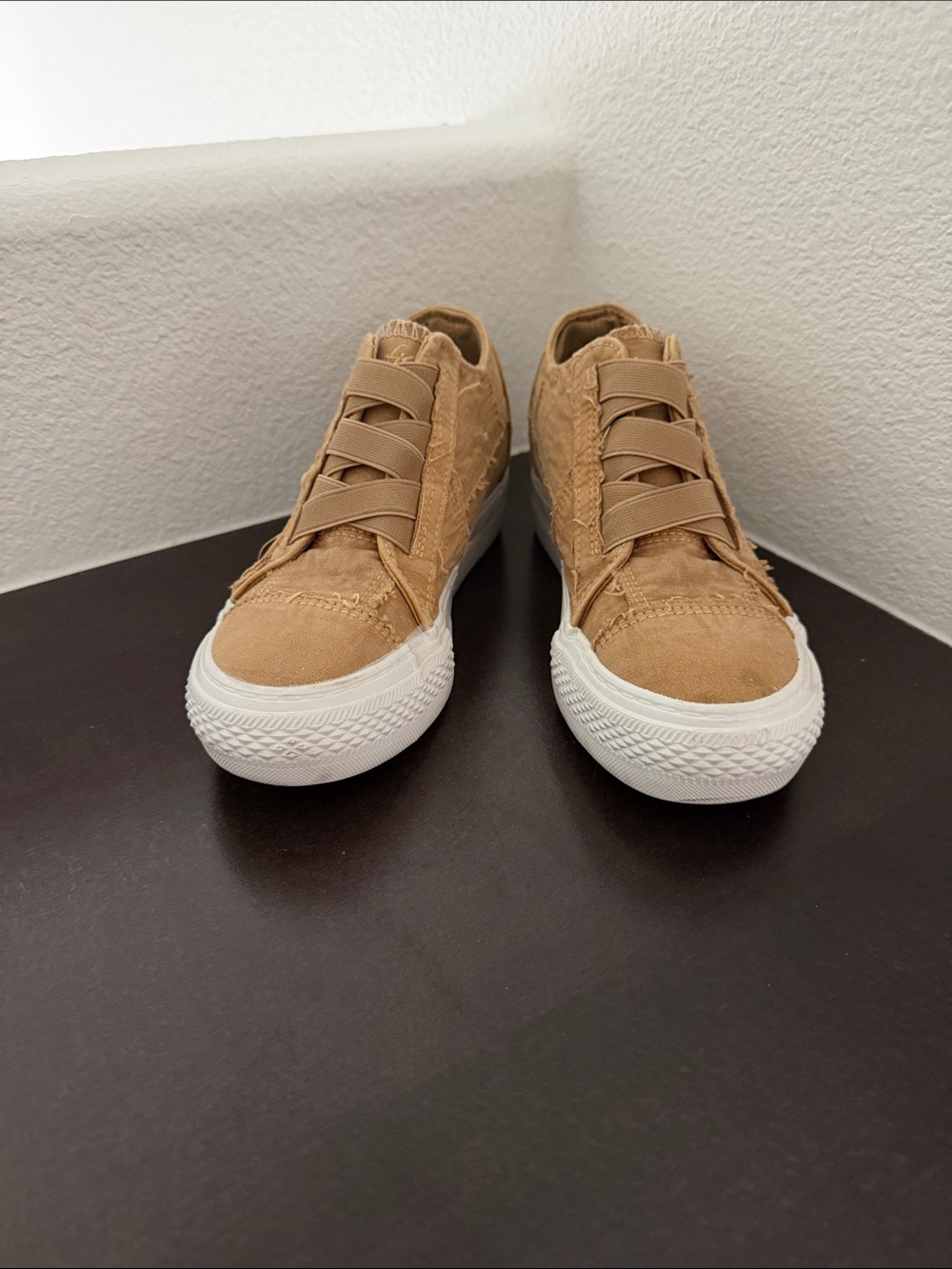 Blowfish Malibu Wedge Sneakers with Light Tan Elastic Straps.